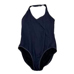 Lands' End navy blue halter top plus size one piece bathing suit swim size 16
